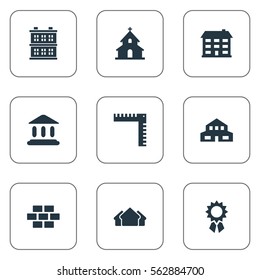 Set Of 9 Simple Construction Icons. Can Be Found Such Elements As Booth, Shelter, Length And Other.