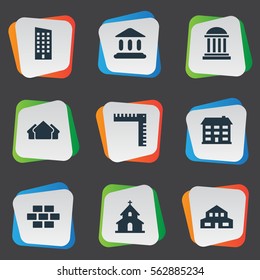 Set Of 9 Simple Construction Icons. Can Be Found Such Elements As Academy, School, Shelter And Other.