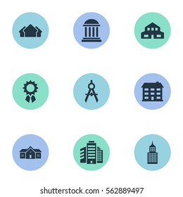 Set Of 9 Simple Construction Icons. Can Be Found Such Elements As Academy, Residence, Structure And Other.