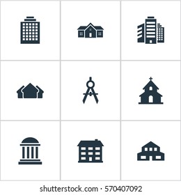 Set Of 9 Simple Construction Icons. Can Be Found Such Elements As Popish, Residence, School And Other.
