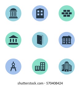 Set Of 9 Simple Construction Icons. Can Be Found Such Elements As School, Booth, Stone And Other.