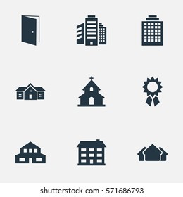 Set Of 9 Simple Construction Icons. Can Be Found Such Elements As Residence, Offices, Popish And Other.