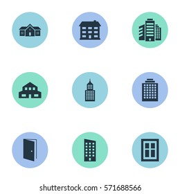 Set Of 9 Simple Construction Icons. Can Be Found Such Elements As Residence, School, Floor And Other.