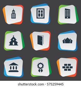 Set Of 9 Simple Construction Icons. Can Be Found Such Elements As Stone, Booth, Gate And Other.