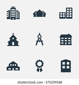 Set Of 9 Simple Construction Icons. Can Be Found Such Elements As School, Popish, Engineer Tool And Other.