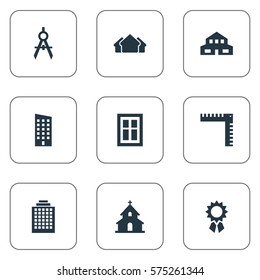 Set Of 9 Simple Construction Icons. Can Be Found Such Elements As Residential, Length, Glazing And Other.
