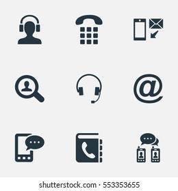 Set Of 9 Simple Contact Icons. Can Be Found Such Elements As Posting, Telephone Directory, Postal And Other.