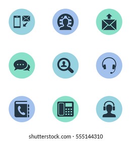 Set Of 9 Simple Contact Icons. Can Be Found Such Elements As Dialogue, International Job, Telephone Directory And Other.