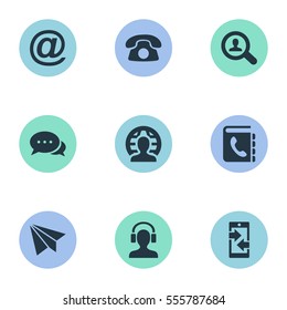 Set Of 9 Simple Contact Icons. Can Be Found Such Elements As E-Mail Symbol, Telephone, International Job And Other.