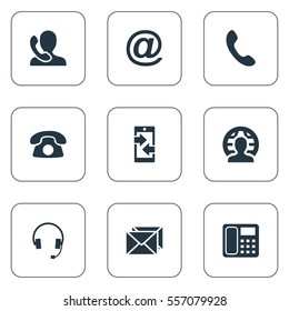 Set Of 9 Simple Contact Icons. Can Be Found Such Elements As Monitor, Telephone, International Job And Other.