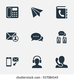 Set Of 9 Simple Contact Icons. Can Be Found Such Elements As New-Come Letter, Epistle Author, Dialogue And Other.