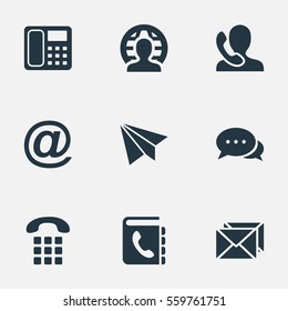 Conjunto De 9 Iconos De Contacto Sencillos. Se Pueden Encontrar Elementos Como Intercomunicación, Diálogo, Directorio Telefónico Y Otros.