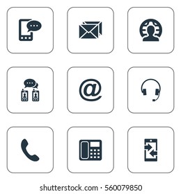 Set Of 9 Simple Contact Icons. Can Be Found Such Elements As Monitor, Earphone, Postal And Other.