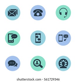 Set Of 9 Simple Contact Icons. Can Be Found Such Elements As Monitor, Earphone, Dialogue And Other.