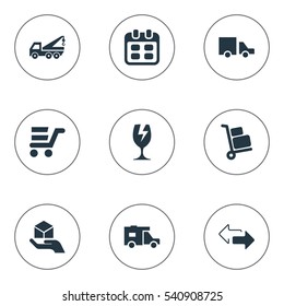 Set Of 9 Simple Conveyance Icons. Can Be Found Such Elements As Luggage Bearer, Caravan, Van And Other.