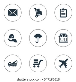 Set Of 9 Simple Conveyance Icons. Can Be Found Such Elements As Gingham, Airline, Pushcart And Other.