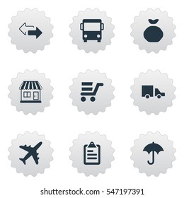 Set Of 9 Simple Conveyance Icons. Can Be Found Such Elements As Mall, Clipboard, Opposite Directions And Other.