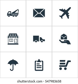 Set Of 9 Simple Conveyance Icons. Can Be Found Such Elements As Airline, Gingham, Eviction Vehicle And Other.