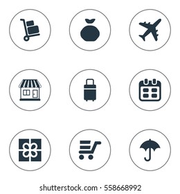 Set Of 9 Simple Conveyance Icons. Can Be Found Such Elements As Holdall, Luggage Bearer, Mall And Other.