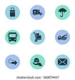 Set Of 9 Simple Conveyance Icons. Can Be Found Such Elements As Caravan, Autobus, Luggage Bearer And Other.