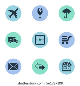 Set Of 9 Simple Conveyance Icons. Can Be Found Such Elements As Minutes, Caravan, Gingham And Other.