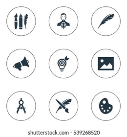 Set Of 9 Simple Creative Thinking Icons. Can Be Found Such Elements As Drawing Tool, Dividers, Performance And Other.