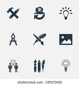Set Of 9 Simple Creative Thinking Icons. Can Be Found Such Elements As Design Instruments, Leadership, Lightbulb And Other.