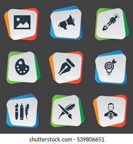 Set Of 9 Simple Creative Thinking Icons. Can Be Found Such Elements As Performance, Project Aim, Brush And Other.