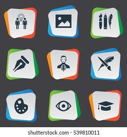 Set Of 9 Simple Creative Thinking Icons. Can Be Found Such Elements As Writing Tool, Brush, Drawing Tool And Other.