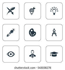 Set Of 9 Simple Creative Thinking Icons. Can Be Found Such Elements As Drawing Tool, Dividers, Entrepreneur And Other.