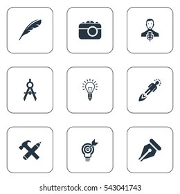 Set Of 9 Simple Creative Thinking Icons. Can Be Found Such Elements As Project Aim, Performance, Dividers And Other.