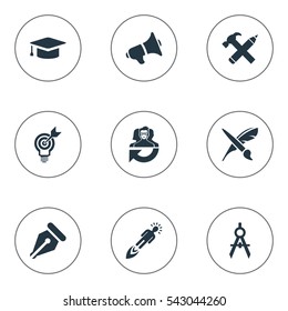 Set Of 9 Simple Creative Thinking Icons. Can Be Found Such Elements As Leadership, Bullhorn, Writing Tool And Other.