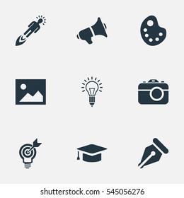 Set Of 9 Simple Creative Thinking Icons. Can Be Found Such Elements As Entrepreneur, Lightbulb, Drawing Tool And Other.
