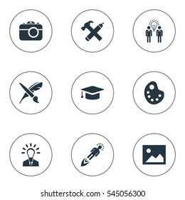 Set Of 9 Simple Creative Thinking Icons. Can Be Found Such Elements As Leader, Brush, Drawing Tool And Other.