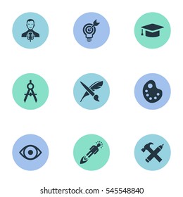Set Of 9 Simple Creative Thinking Icons. Can Be Found Such Elements As Dividers, Academic Cap, Pencil And Other.