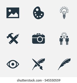Set Of 9 Simple Creative Thinking Icons. Can Be Found Such Elements As Pencil, Brush, Lightbulb And Other.