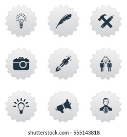 Set Of 9 Simple Creative Thinking Icons. Can Be Found Such Elements As Lightbulb, Business Discussion, Lightbulb And Other.