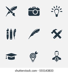 Set Of 9 Simple Creative Thinking Icons. Can Be Found Such Elements As Brush, Lightbulb, Project Aim And Other.
