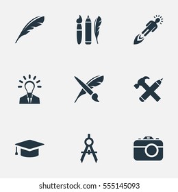 Set Of 9 Simple Creative Thinking Icons. Can Be Found Such Elements As Photo Tool, Entrepreneur, Design Instruments And Other.