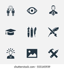Set Of 9 Simple Creative Thinking Icons. Can Be Found Such Elements As Leader, View, Academic Cap And Other.