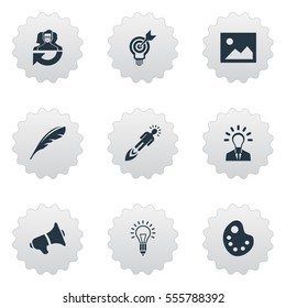 Set Of 9 Simple Creative Thinking Icons. Can Be Found Such Elements As Leadership, Image, Lightbulb And Other.