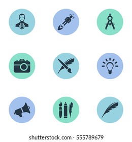 Set Of 9 Simple Creative Thinking Icons. Can Be Found Such Elements As Dividers, Entrepreneur, Bullhorn And Other.