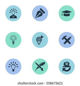 Set Of 9 Simple Creative Thinking Icons. Can Be Found Such Elements As Project Aim, Leadership, Brush And Other.