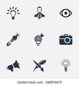 Set Of 9 Simple Creative Thinking Icons. Can Be Found Such Elements As Performance, Brush, Lightbulb And Other.