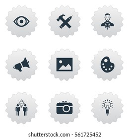 Set Of 9 Simple Creative Thinking Icons. Can Be Found Such Elements As View, Pencil, Business Discussion And Other.