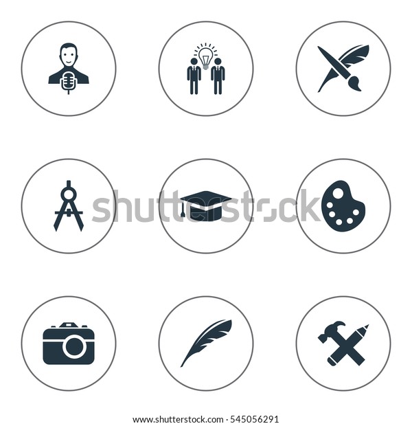 Set Of 9\
Simple Creative Thinking Icons. Can Be Found Such Elements As\
Brush, Performance, Drawing Tool And\
Other.