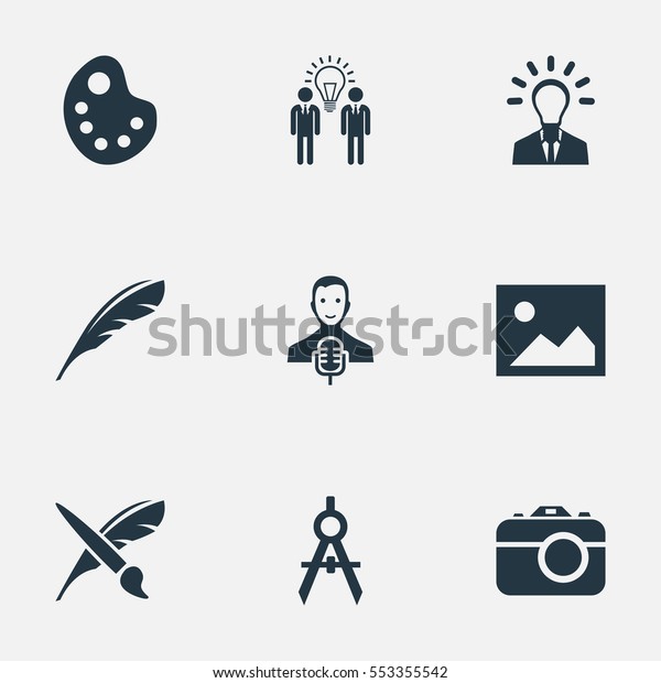 Set Of 9\
Simple Creative Thinking Icons. Can Be Found Such Elements As\
Brush, Dividers, Business Discussion And\
Other.