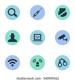 Set Of 9 Simple Crime Icons. Can Be Found Such Elements As Safety, Siren, Lock And Other.