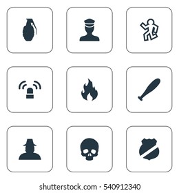 Set Of 9 Simple Crime Icons. Can Be Found Such Elements As Officer Badge, Inspector, Siren And Other.