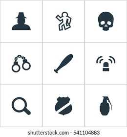 Set Of 9 Simple Crime Icons. Can Be Found Such Elements As Skeleton, Inspector, Lock And Other.